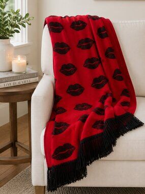 Victoria's Secret Throw Blanket | Red Lip Print Plush Fringe Cozy Sofa Bed Throw